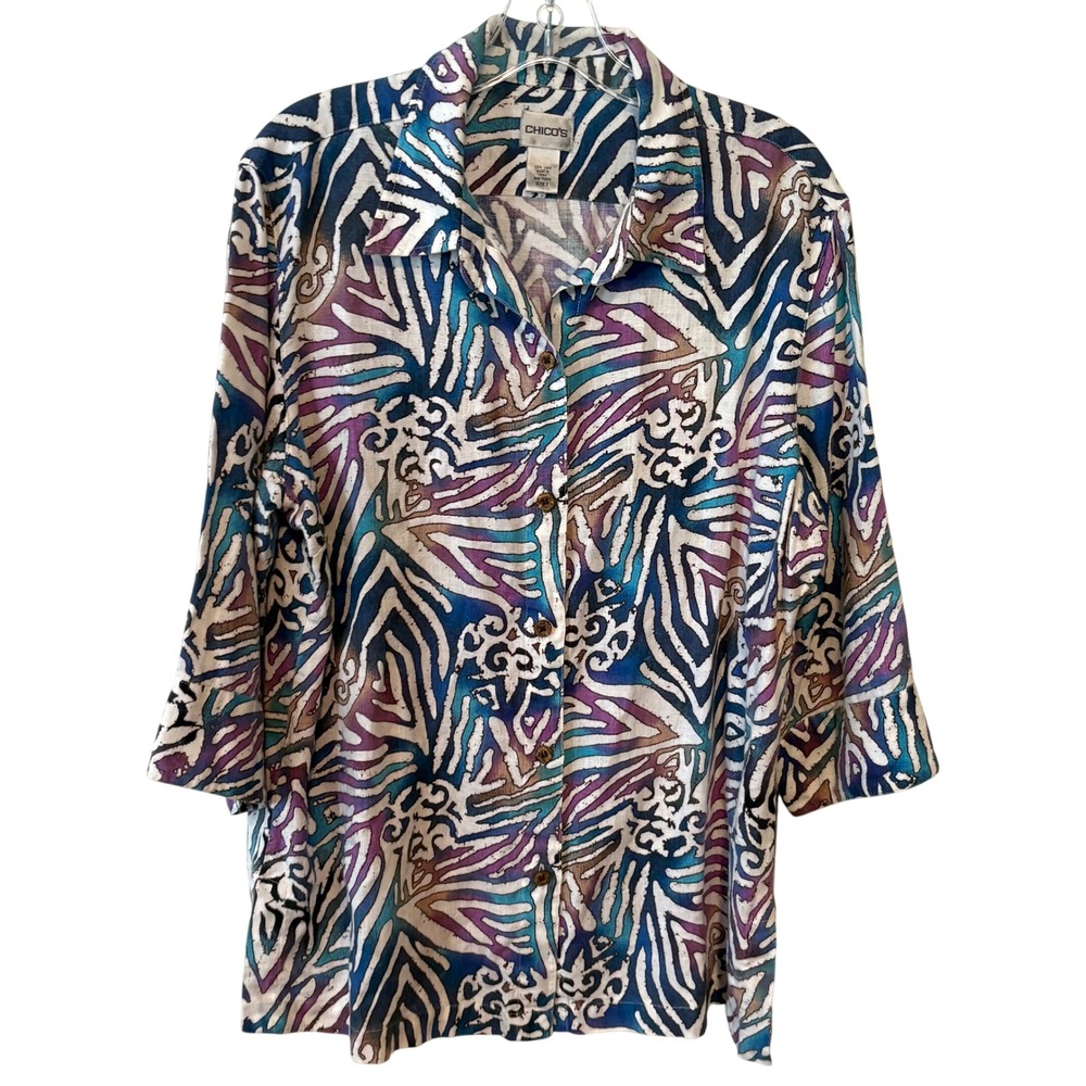 Chico's Blue and Purple Abstract Print Linen Button Down Shirt in Size L